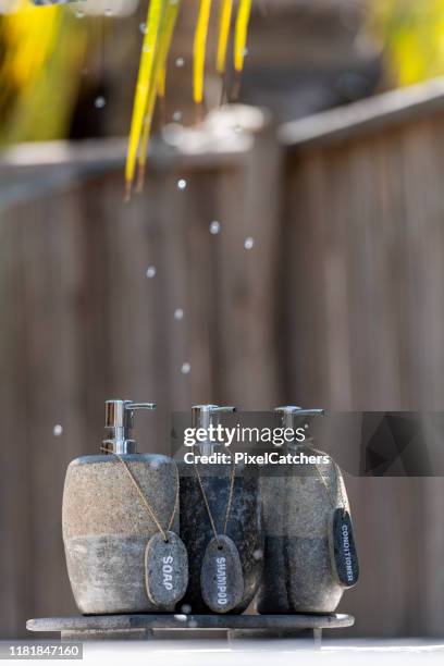 organic soap dispensers made of stone with palm leaves and water drops - conditioner stock pictures, royalty-free photos & images