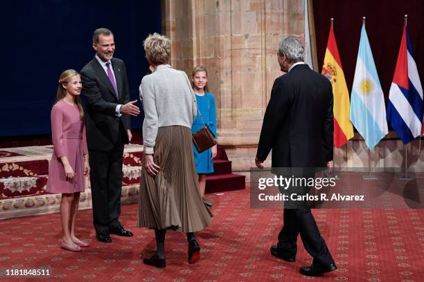 Princess Leonor of Spain, King Felipe VI of Spain, Princess Sofia of Spain, Siri Hustvedt and Paul Auster attend an audience to congratulate the...