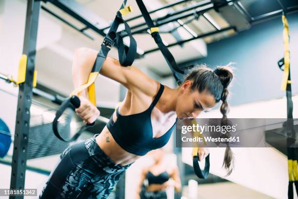 young woman doing suspension traning in the gym - suspension training stock pictures, royalty-free photos & images