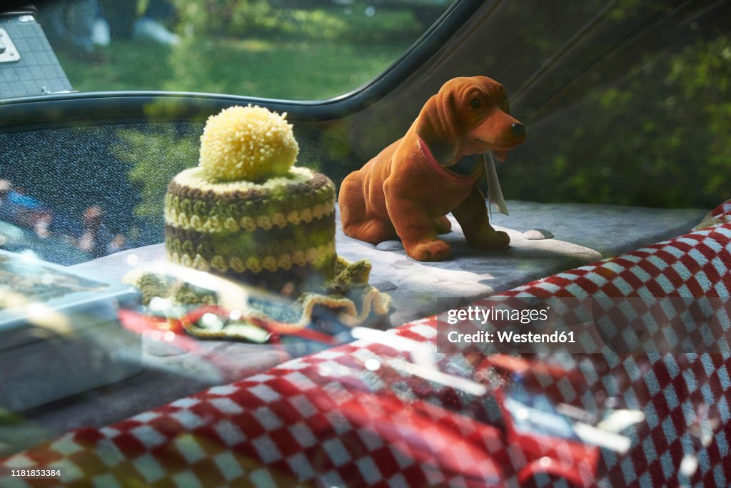 Wobbler and crochet cover in vintage car, Adenauer Mercedes 300