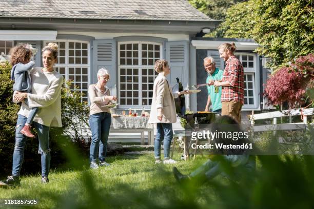 extended family having a barbecue in garden - medium group of people stock pictures, royalty-free photos & images