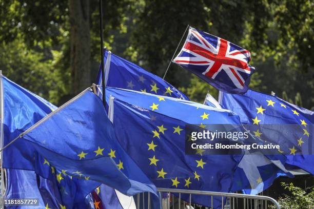 british union flag and european flag - eu flag union jack stock pictures, royalty-free photos & images
