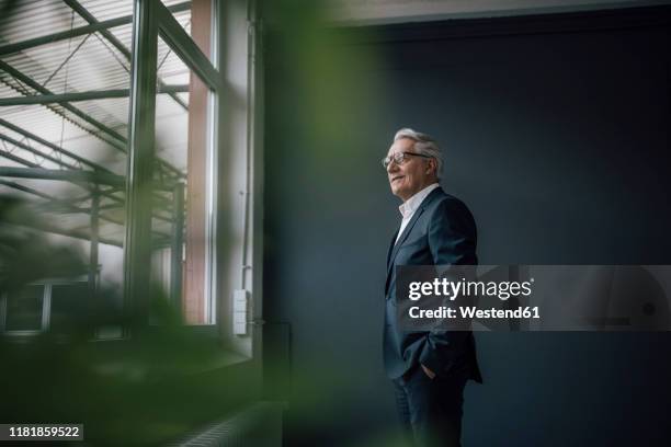 senior businessman looking out of the window - boss photos et images de collection