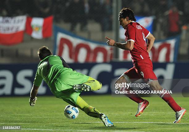 Uruguayan goalkeeper Fernando Muslera fails to stop Peruvian forward Paolo Guerrero during a 2011 Copa America Group C first round football match...