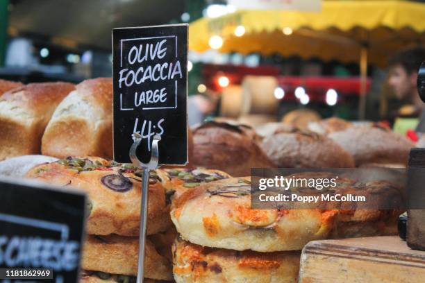 olive foccacia - borough market stock pictures, royalty-free photos & images