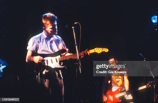 New Order, Bernard Sumner, Peter Hook, Manhattan Club, Leuven, Belgium, 17th December 1985.