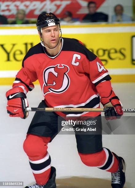 Scott Stevens of the New Jersey Devils skates against the Toronto Maple Leafs during NHL game action on December 10, 1996 at Maple Leaf Gardens in...