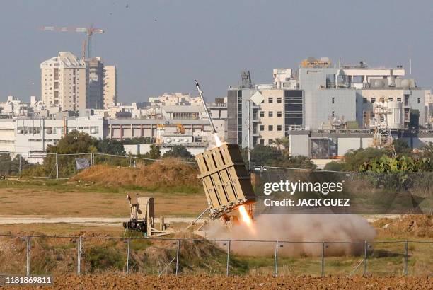 An Israeli missile is launched from the Iron Dome defence missile system, designed to intercept and destroy incoming short-range rockets and...