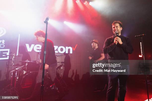 Fall Out Boy speaks with host Harms at Showbox Downtown during iHeartRadio LIVE and Verizon bring you Fall Out Boy in Seattle on November 11, 2019 in...
