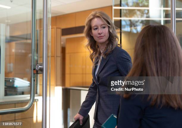 Elizabeth Holmes, founder and former CEO of Theranos, arrives for motion hearing on Monday, November 4 at the U.S. District Court House inside Robert...