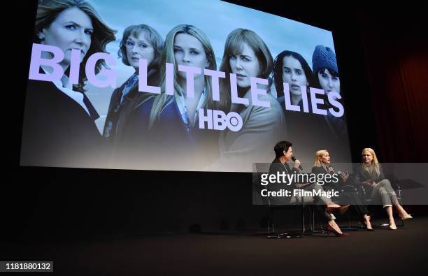 Moderator Stacey Wilson Hunt, Reese Witherspoon and Nicole Kidman attend the HBO "Big Little Lies" FYC at the Hammer Museum on November 11, 2019 in...