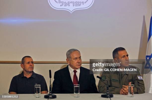 Israeli Prime Minister Benjamin Netanyahu Army Chief of Staff, Lieutenant General Aviv Kochavi, and Shin Bet director Nadav Argaman address the media...