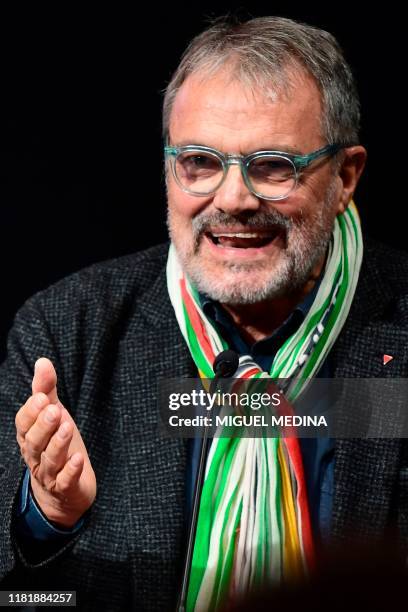Italian creative director and photographer, Oliviero Toscani speaks during the launch of "Arte Generali" by Italian insurance company Generali, a new...
