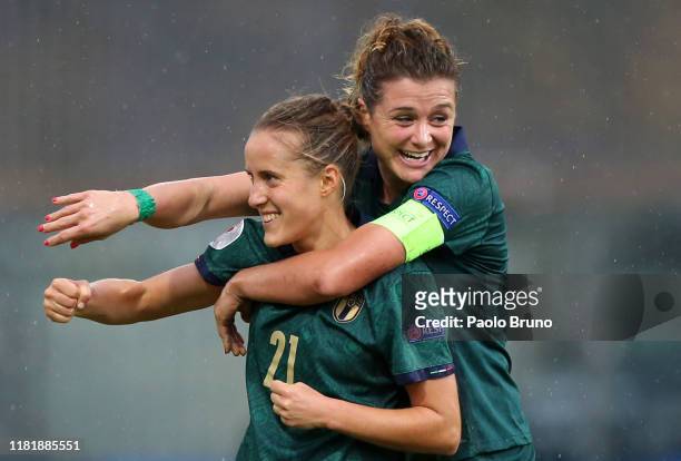 Valentina Cernoia celebrates with her team-mates after scoring the opening goal during the UEFA Women's Euro 2021 Qualifier match between Italy and...