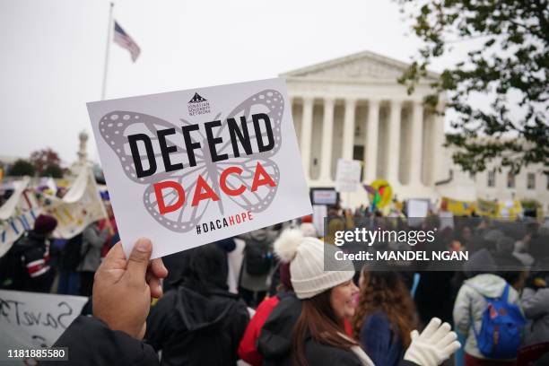 Immigration rights activists take part in a rally in front of the US Supreme Court in Washington, DC on November 12, 2019. - The US Supreme Court...