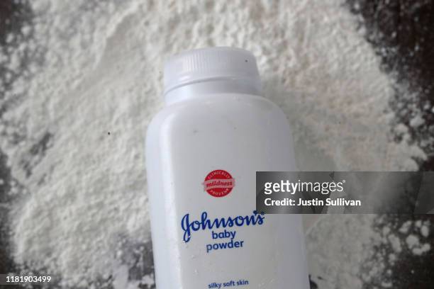In this photo illustration, a container of Johnson's baby powder made by Johnson and Johnson sits on a table on October 18, 2019 in San Anselmo,...