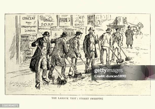 labour test for unemployed men, street sweeping, 19th century - man brushing stock illustrations