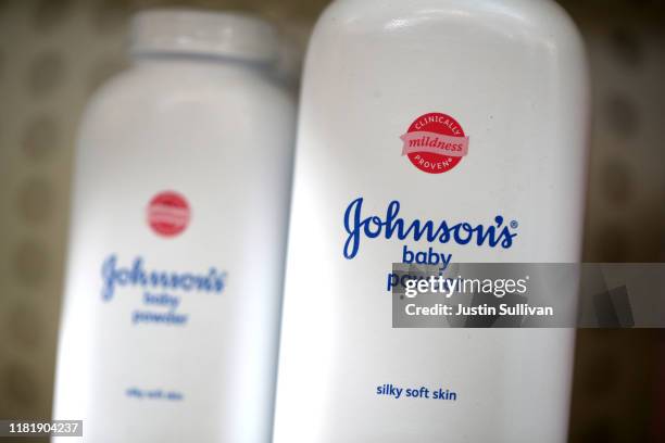 Containers of Johnson's baby powder made by Johnson and Johnson sits on a shelf at Jack's Drug Store on October 18, 2019 in San Anselmo, California....