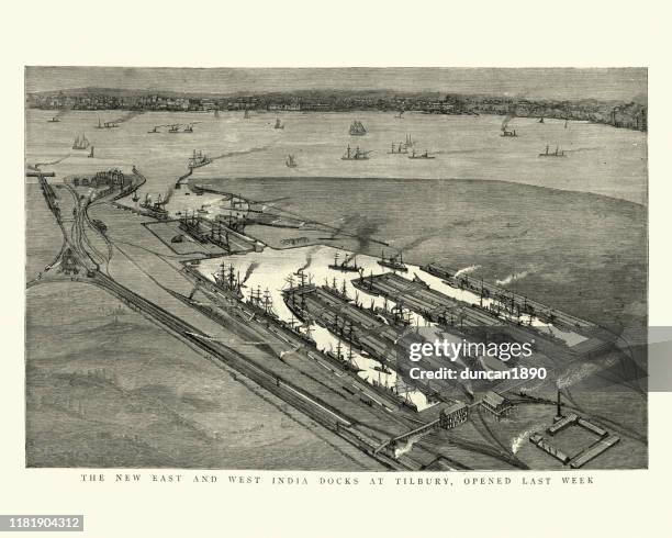 bird's-eye view east and west india docks, tilbury, thames, 1886 - docks stock illustrations