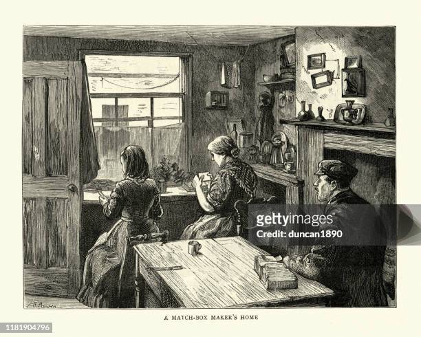 victorian match-box maker's home, east end of london, 19th century - matchbox stock illustrations