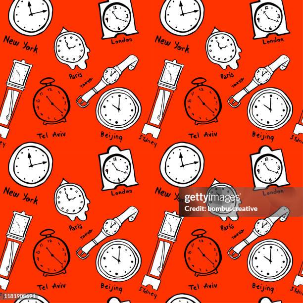 ilustraciones, imágenes clip art, dibujos animados e iconos de stock de relojes del mundo dibujados a mano y relojes de fondo - reloj de pulsera