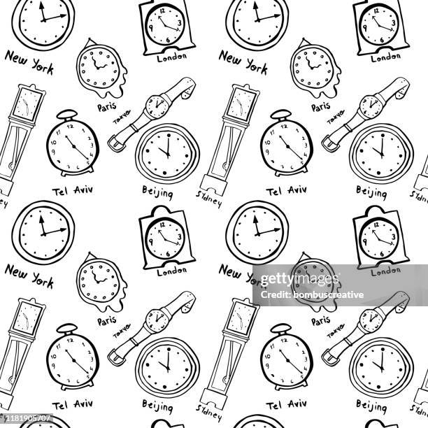 ilustraciones, imágenes clip art, dibujos animados e iconos de stock de relojes del mundo dibujados a mano y relojes de fondo - reloj de pulsera