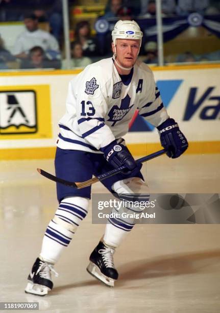 Mats Sundin of the Toronto Maple Leafs skates against the Mighty Ducks of Anaheim during NHL game action on October 5, 1996 at Maple Leaf Gardens in...