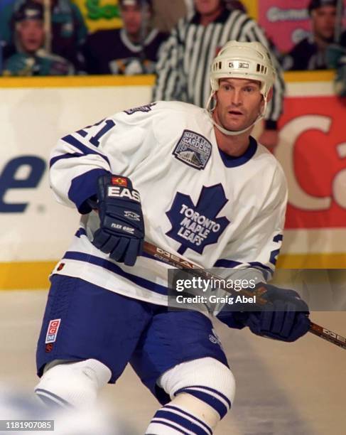 Kirk Muller of the Toronto Maple Leafs skates against the Mighty Ducks of Anaheim during NHL game action on October 5, 1996 at Maple Leaf Gardens in...
