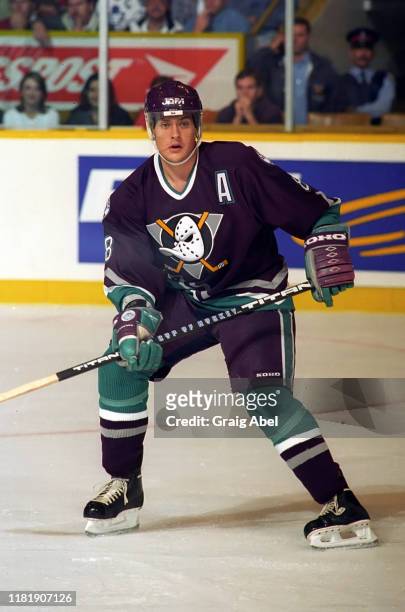 Teemu Selanne of the Mighty Ducks of Anaheim skates against the Toronto Maple Leafs during NHL game action on October 5, 1996 at Maple Leaf Gardens...