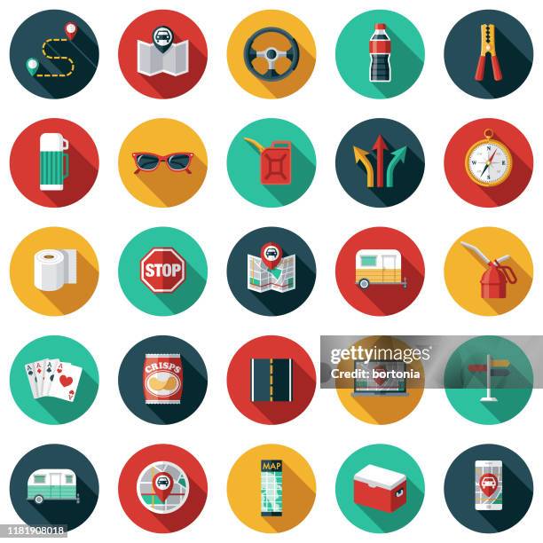 road trip icon set - autoreise stock-grafiken, -clipart, -cartoons und -symbole