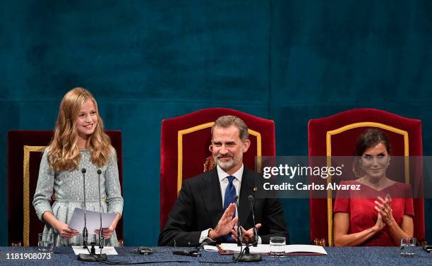 Princess Leonor of Spain, King Felipe of Spain, Queen Letizia of Spain and Princess Sofia of Spain attend the Princesa de Asturias Awards 2019...