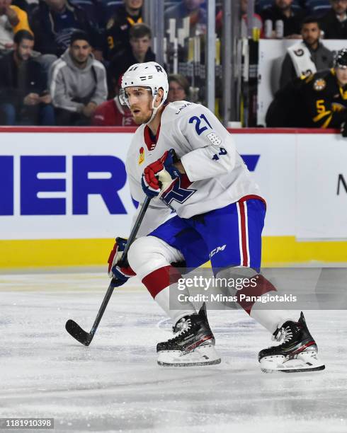 Dale Weise of the Laval Rocket skates against the Providence Bruins at Place Bell on October 16, 2019 in Laval, Canada. The Laval Rocket defeated the...