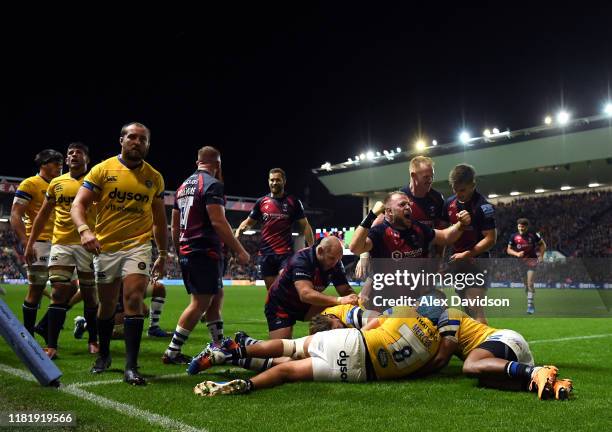 Joe Joyce of Bristol Bears celebrates his John Afoa's and his sides fifth try during the Gallagher Premiership Rugby match between Bristol Bears and...