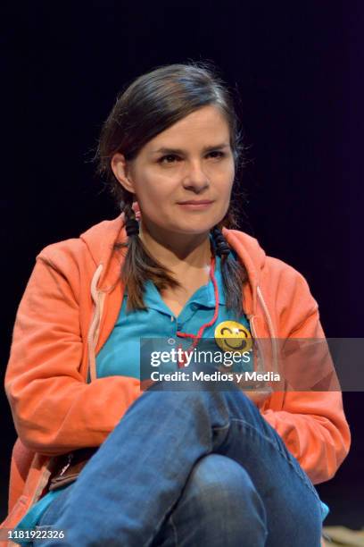 Francesca Guillen smiles during 'Instinto' Press Conference at El Galeon Theatre on October 18, 2019 in Mexico City, Mexico.