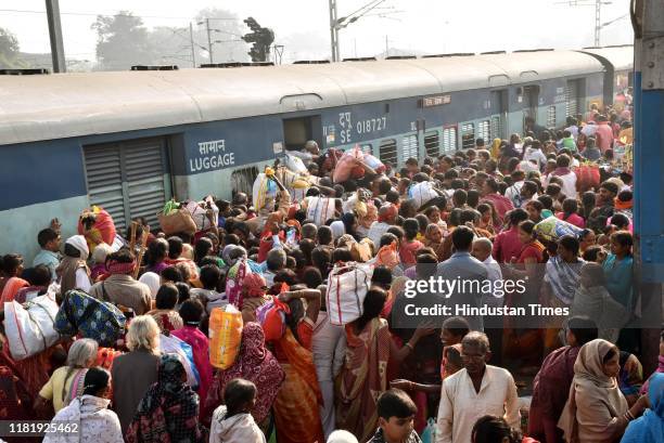 Large crowd around railway track at Fatua after taking a holy dip in Ganga on the occasion of Kartik Purnima on November 12, 2019 in Patna, India.