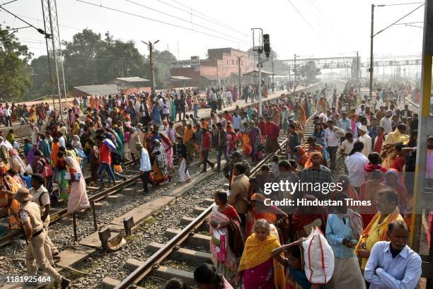 Large crowd around railway track at Fatua after taking a holy dip in Ganga on the occasion of Kartik Purnima on November 12, 2019 in Patna, India.