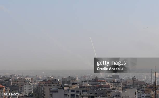 Rockets are being fired from Gaza city towards Israel's Sderot and Ashkelon on November 12, 2019. The Israeli army carried out an airstrike, killing...