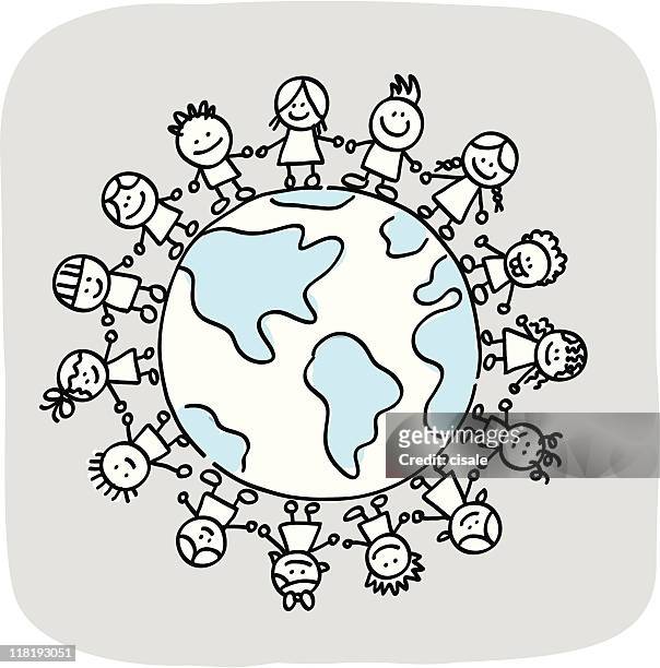 glückliche kinder, kinder freunde-gruppe hände halten, world cartoon illustration - child globe stock-grafiken, -clipart, -cartoons und -symbole