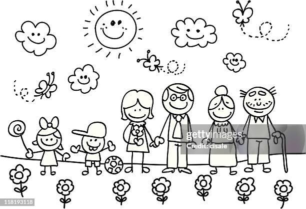 glückliche familie mit großen mutter, vater, sohn und tochter kinder comic - großeltern stock-grafiken, -clipart, -cartoons und -symbole