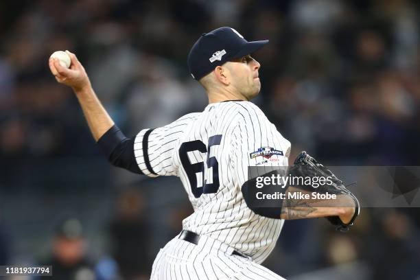 James Paxton of the New York Yankees throws a pitch against the Houston Astros during the first inning in game five of the American League...