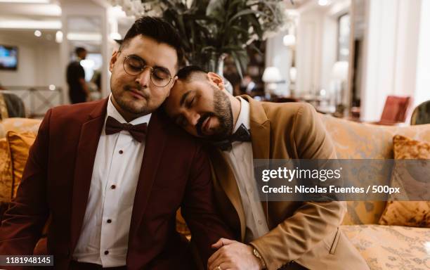 well dressed male couple in a hotel - gay marriage stock pictures, royalty-free photos & images