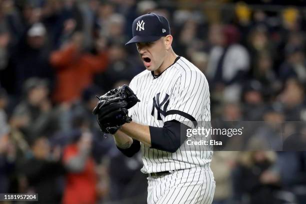 James Paxton of the New York Yankees reacts after retiring the Houston Astros during the sixth inning in game five of the American League...