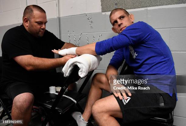 Joe Lauzon has his hands wrapped prior to his bout during the UFC Fight Night event at TD Garden on October 18, 2019 in Boston, Massachusetts.