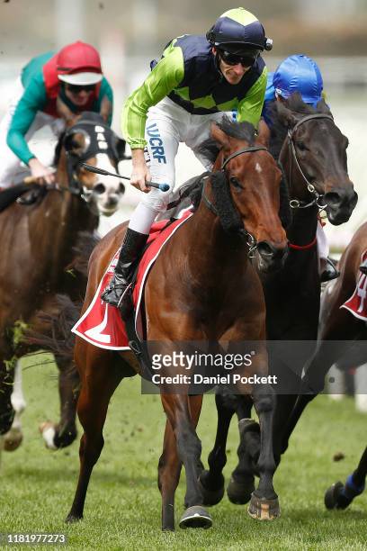 Jamie Mott rides Humma Humma to win race five the Carlton Draught Alinghi Stakes during 2019 Caulfield Cup Day at Caulfield Racecourse on October 19,...