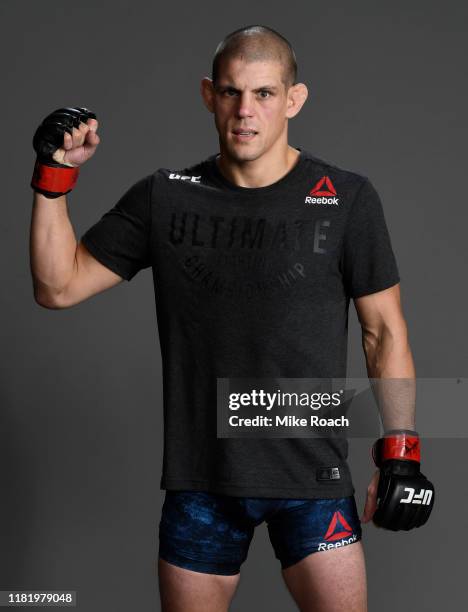 Joe Lauzon poses for a portrait backstage after his victory during the UFC Fight Night event at TD Garden on October 18, 2019 in Boston,...