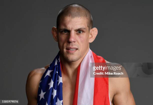 Joe Lauzon poses for a portrait backstage after his victory during the UFC Fight Night event at TD Garden on October 18, 2019 in Boston,...