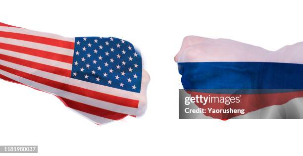 concept photo:conflict between usa and russia - usa russia stock-fotos und bilder