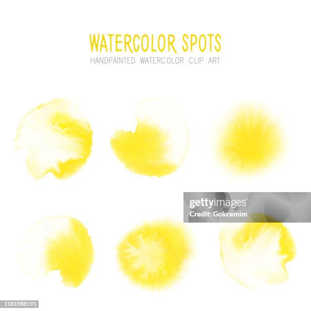 bright yellow  watercolor circle splashes set isolated on white background. yellow ink patches set. watercolor circles or spots collection. design element for greeting cards and labels, abstract background. - yellow watercolor stock illustrations