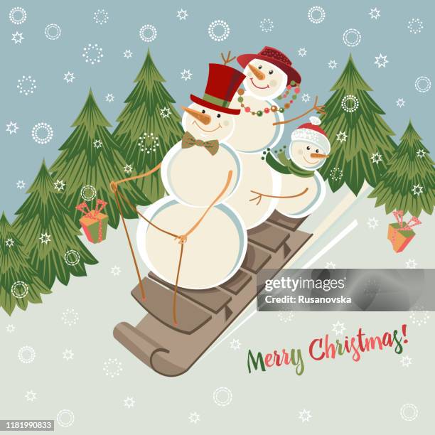 snowmen family tobogganing - snowman family stock illustrations