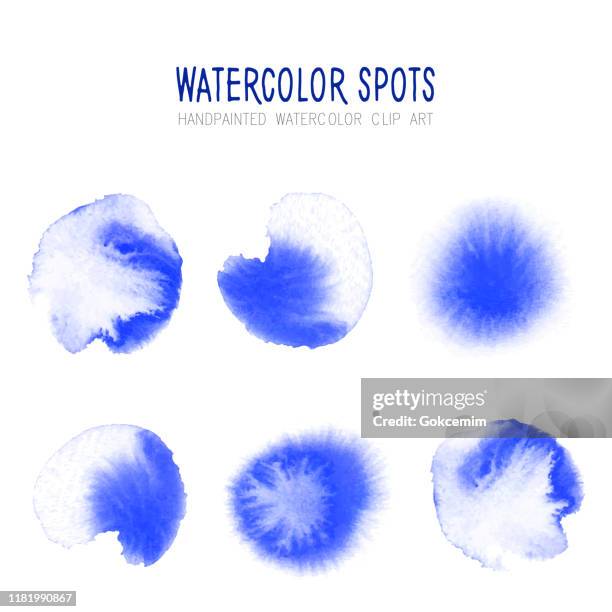 bright blue watercolor circle splashes set isolated on white background. blue ink patches set. watercolor circles or spots collection. design element for greeting cards and labels, abstract background. - dark blue watercolor stock illustrations